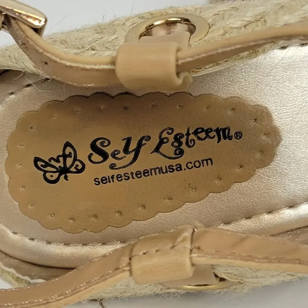 Self Esteem Womens Sandals Size 9 Brown Cork Strap Slingback Wedge Heels